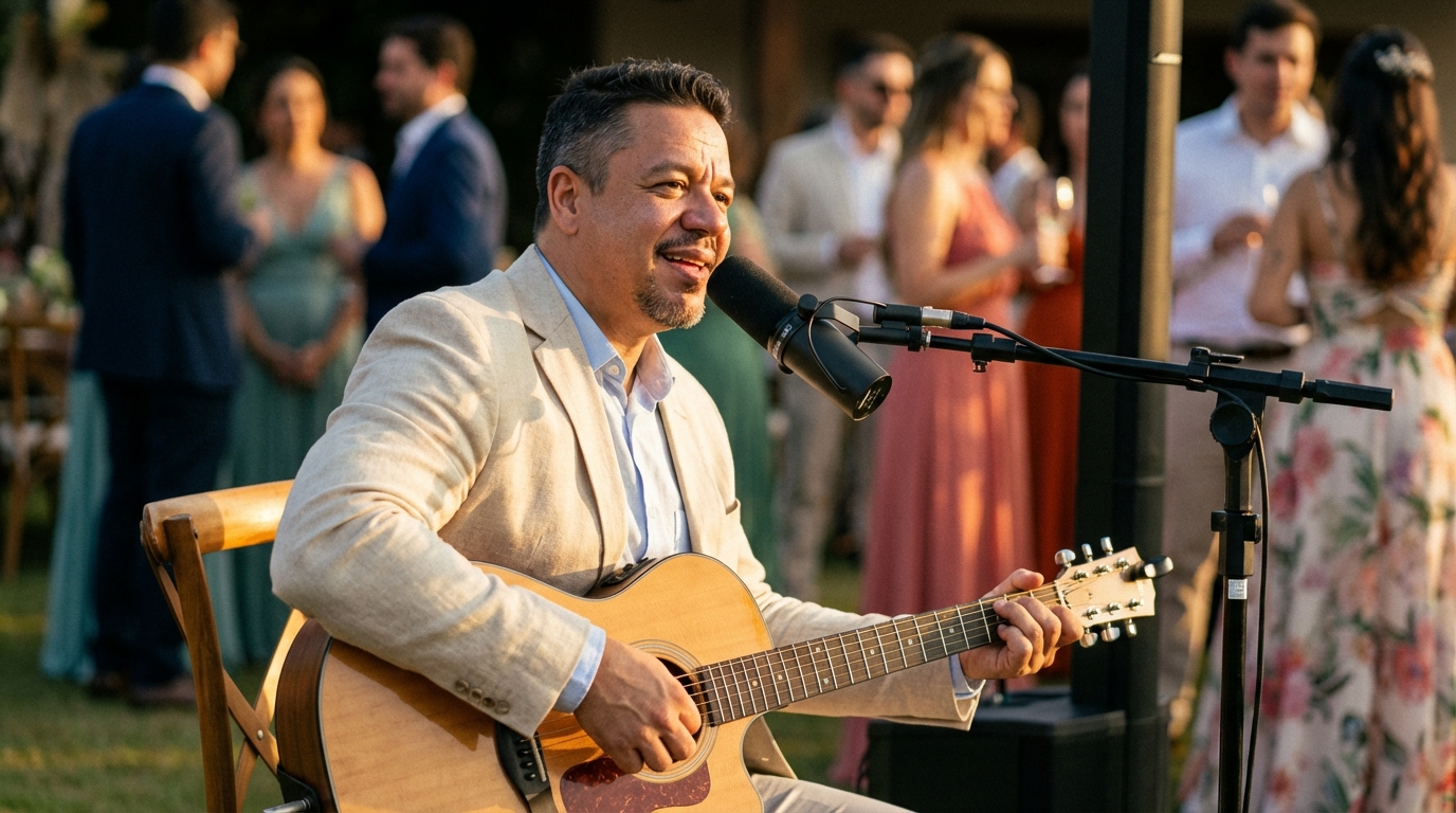 Auri Toledo con guitarra en un cóctel exterior premium