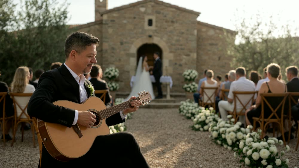 Auri Toledo cantando con guitarra española durante una ceremonia de boda al aire libre