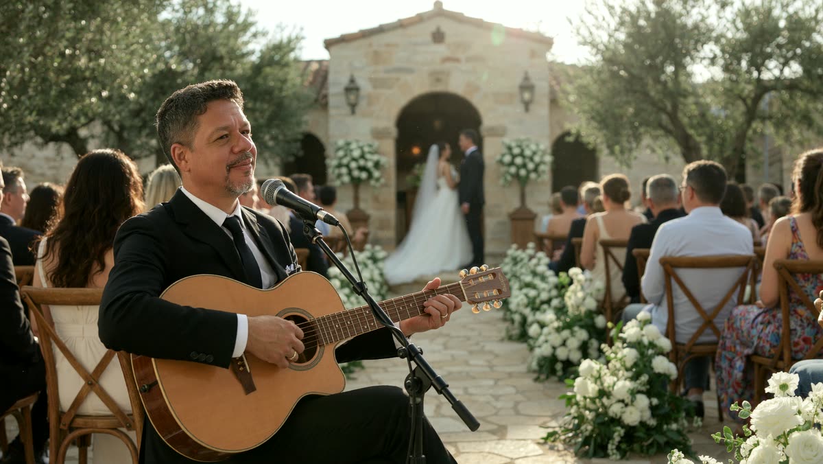 Auri Toledo tocando la guitarra en una ceremonia de boda al atardecer