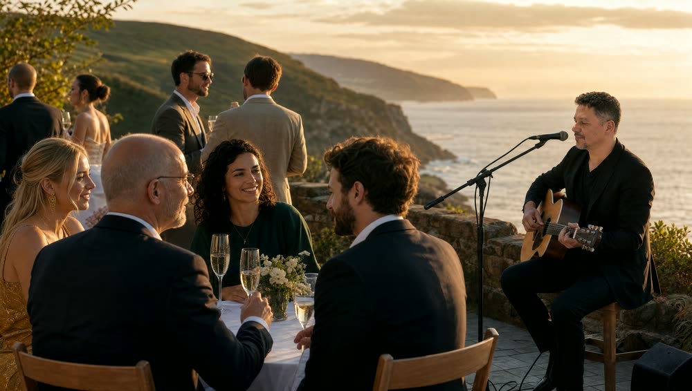 Guitarra y voz en directo durante el cóctel de una boda con vistas al mar Cantábrico
