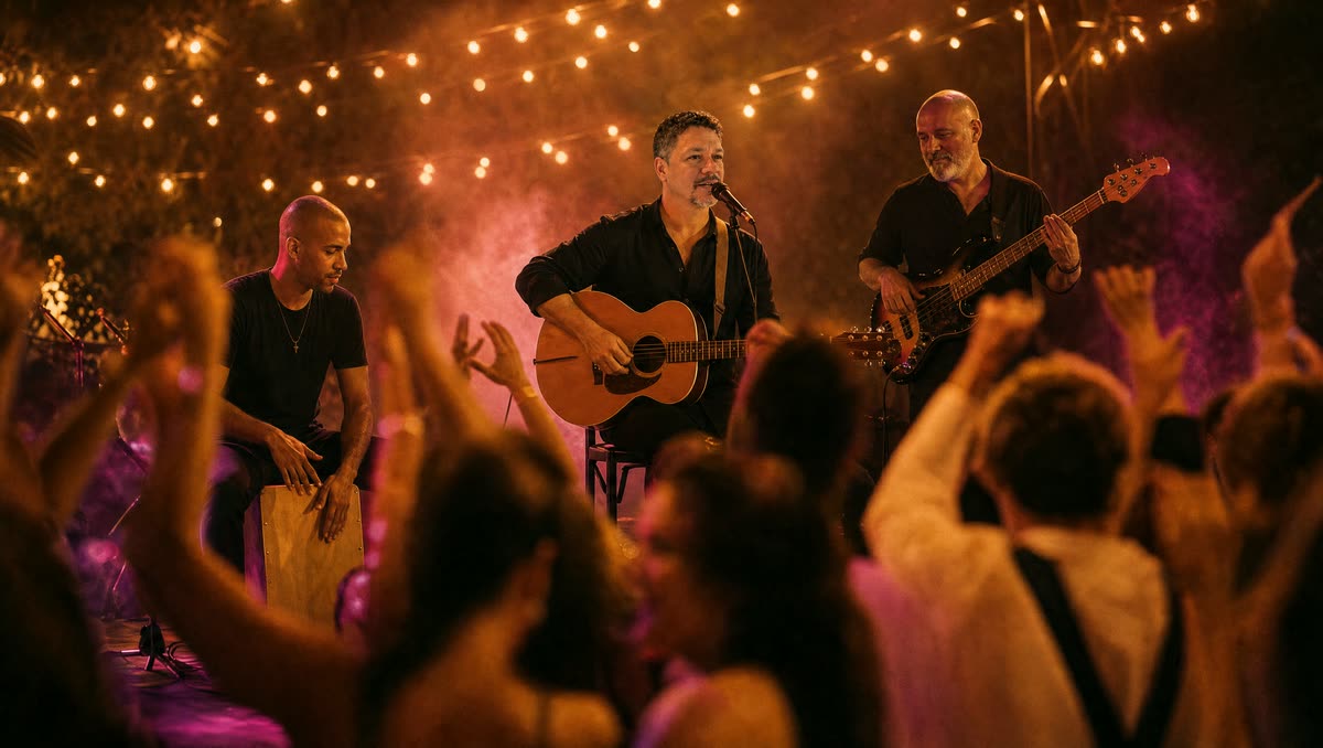 Fiesta de boda de noche con el público bailando frente a la banda