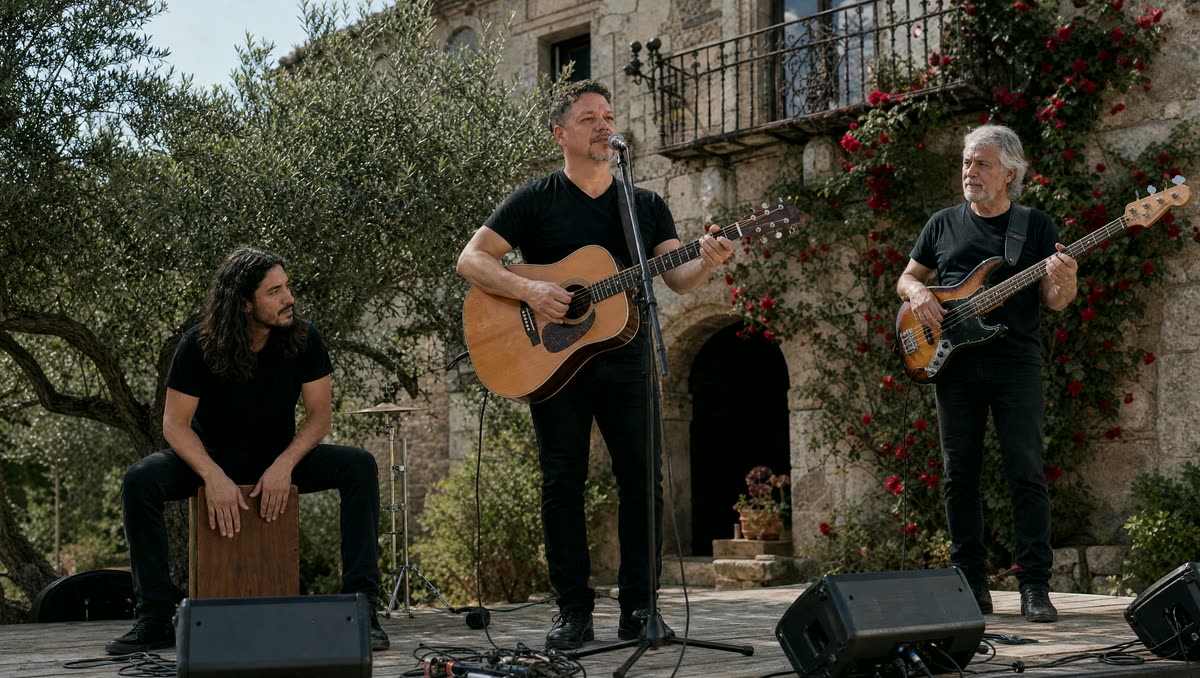 Auri Toledo con su trío —guitarra, cajón y bajo— tocando en el patio de una finca de piedra