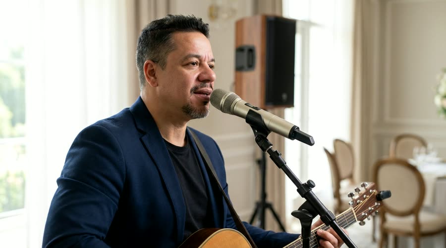 Auri Toledo cantando en el salón de banquetes durante la cena